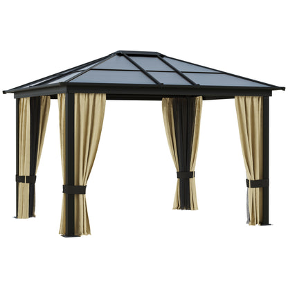 Outsunny 3 x 3.6(m) Hardtop Gazebo Canopy with Polycarbonate Roof and Aluminium Frame, Garden Pavilion with Mosquito Netting and Curtains, Brown 