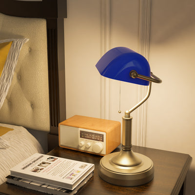 HOMCOM Banker's Desk Lamp with Antique Bronze Tone Base, Table Lamp with Blue Glass Shade for Home Office, Blue 