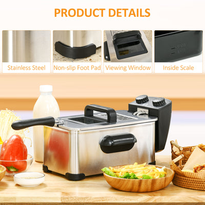 HOMCOM 3 Litre Stainless Steel Deep Fat Fryer with Adjustable Temp, 60min Timer, Viewing Window and Safety Cut Out, 2000W 