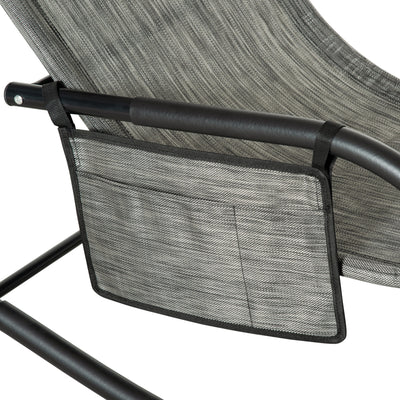 Outsunny Outdoor Garden Rocking Chair, Patio Sun Lounger Rocker Chair with Breathable Mesh Fabric, Removable Headrest Pillow, Armrest, Side Storage Bag, Dark Grey 