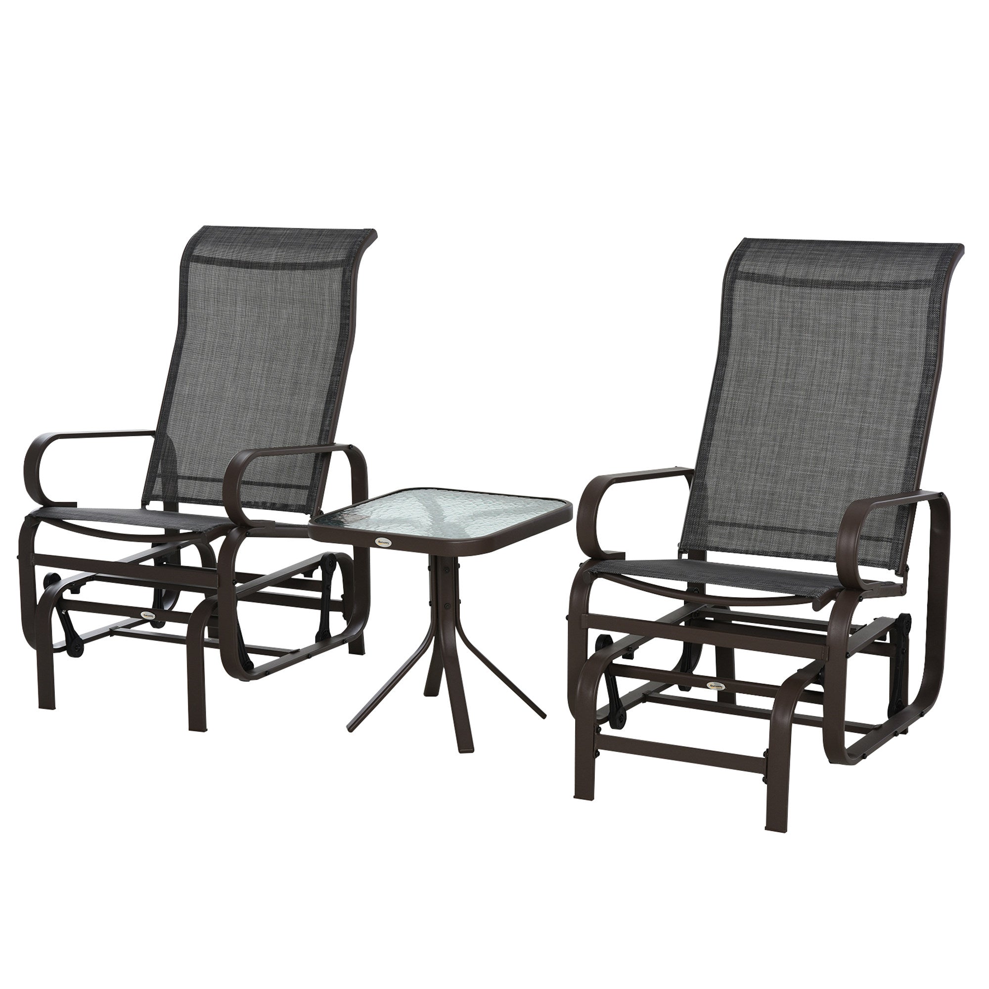 Outsunny 3 Pieces Garden Gliding Chair Set, Metal Frame 2 Single Armchair Swing Seater and 1 Glass Top Coffee Table w/ Breath Mesh Fabric Seat, Brown 
