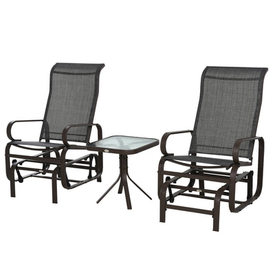 Outsunny 3 Pieces Garden Gliding Chair Set, Metal Frame 2 Single Armchair Swing Seater and 1 Glass Top Coffee Table w/ Breath Mesh Fabric Seat, Brown 