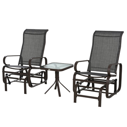 Outsunny 3 Pieces Garden Gliding Chair Set, Metal Frame 2 Single Armchair Swing Seater and 1 Glass Top Coffee Table w/ Breath Mesh Fabric Seat, Brown 