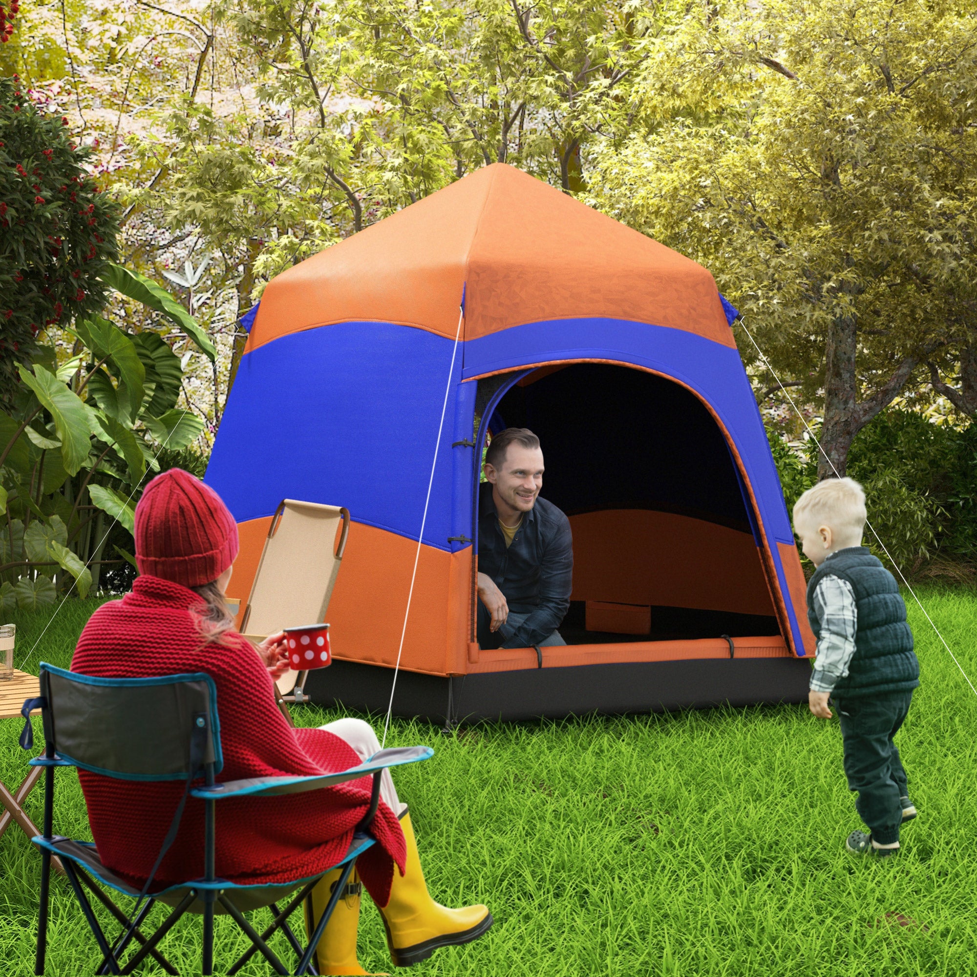 Outsunny Six Man Hexagon Camping Tent with Hang Hook and Carry Bag - Orange and Blue 