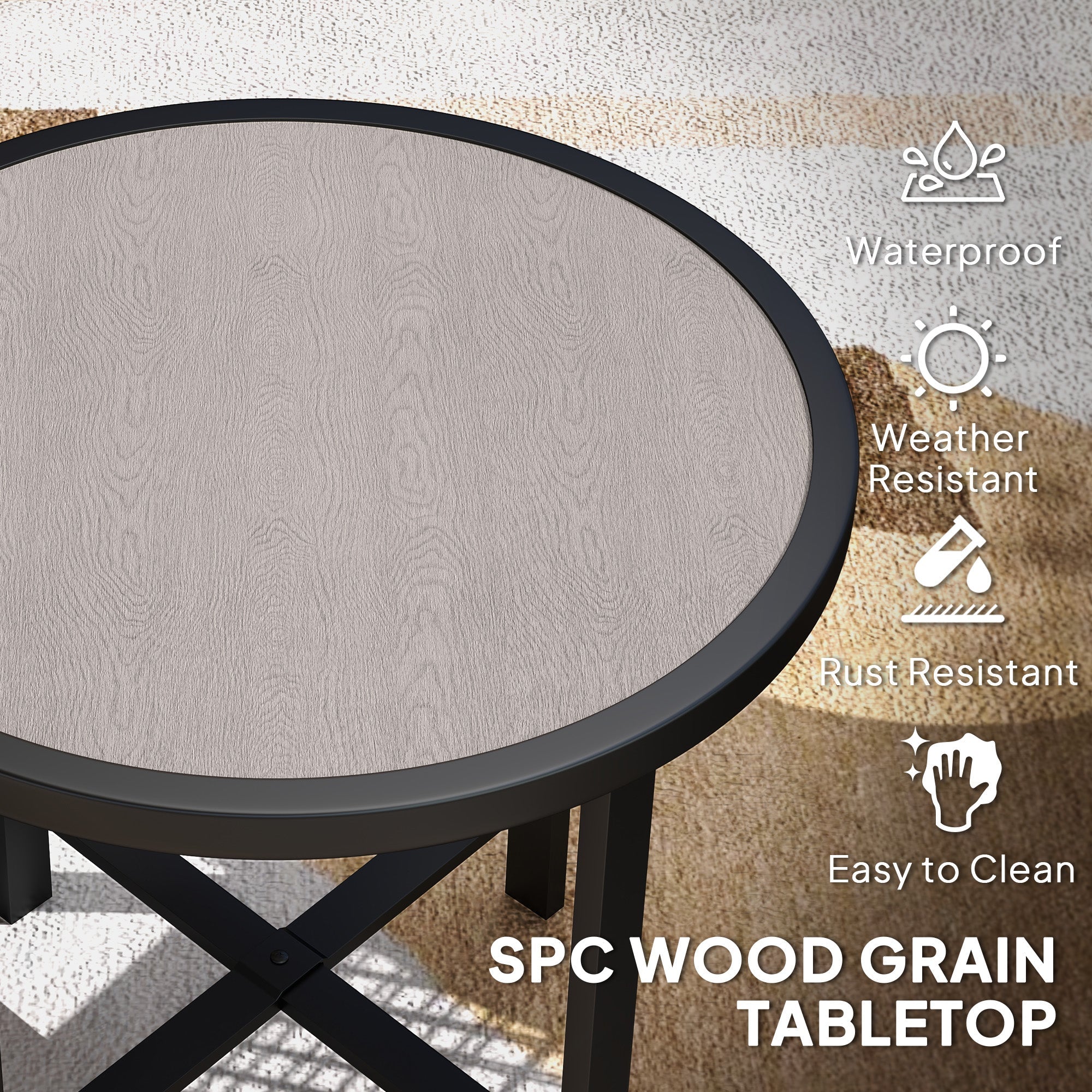 Outsunny Round Small Garden Table, 50.5cm Outdoor Side Table with SPC Tabletop, Metal Frame and Anti-slip Foot Pads for Garden, Balcony, Grey Wood Effect 