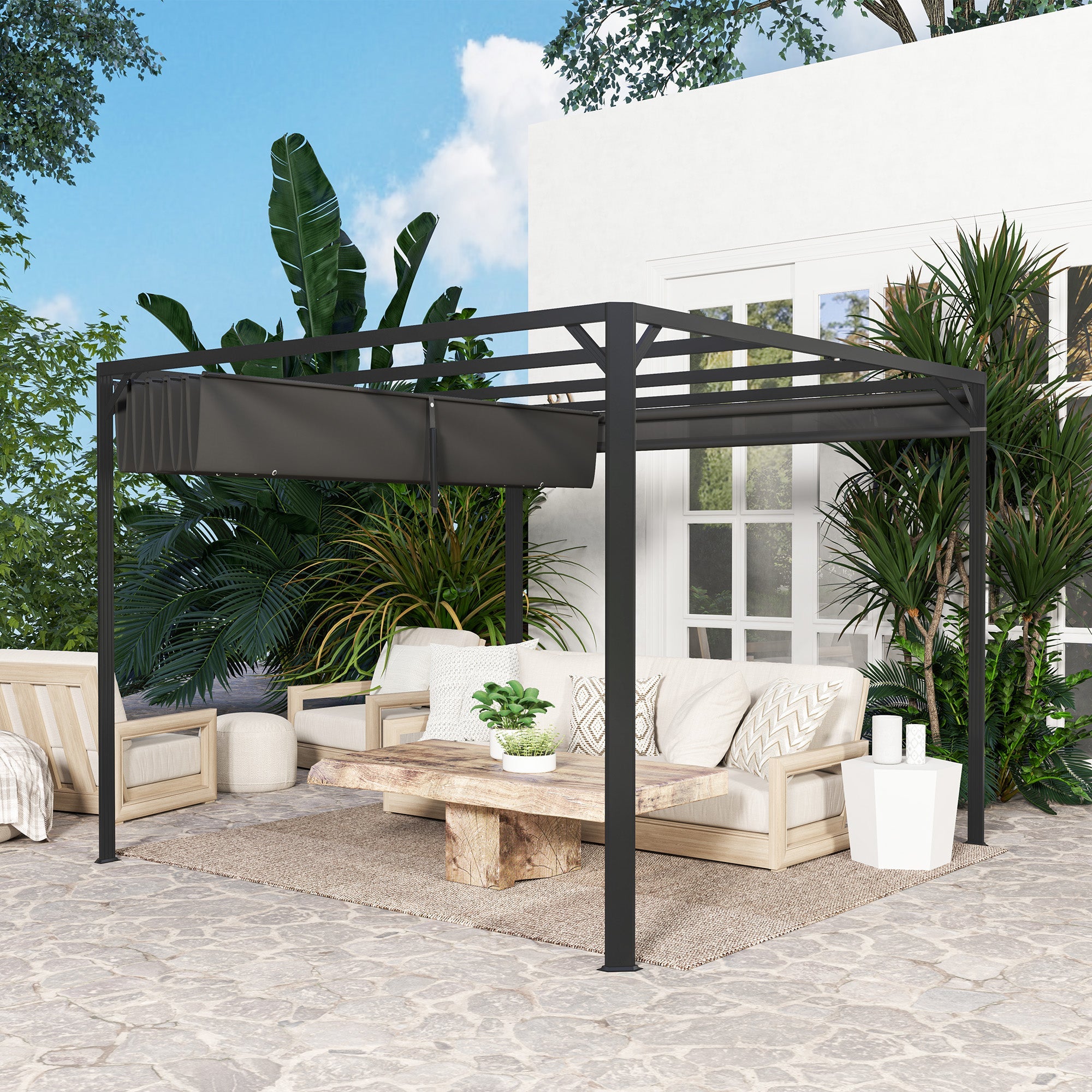 Outsunny 3 x 3m Aluminium Pergola, with Retractable Roof and Wall - Dark Grey 