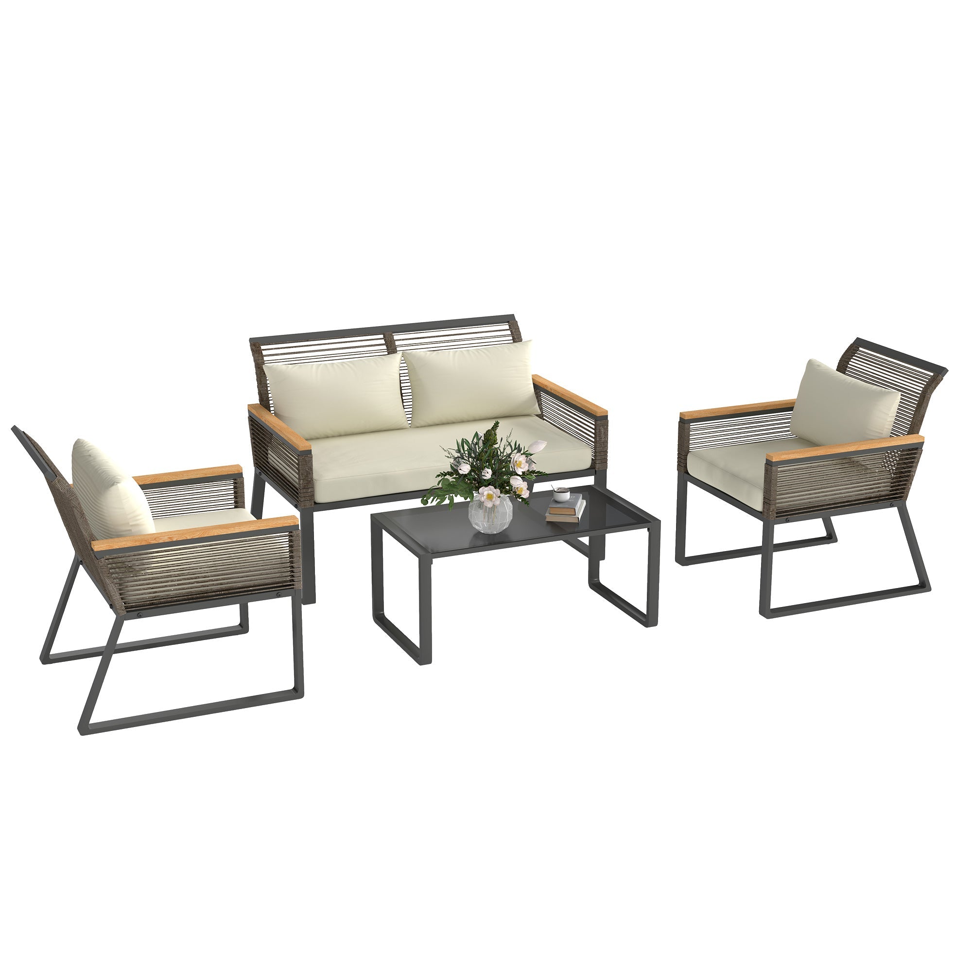 Outsunny Four Piece Wicker Rope Garden Furniture Set with Glass Top Coffee Table - Grey 