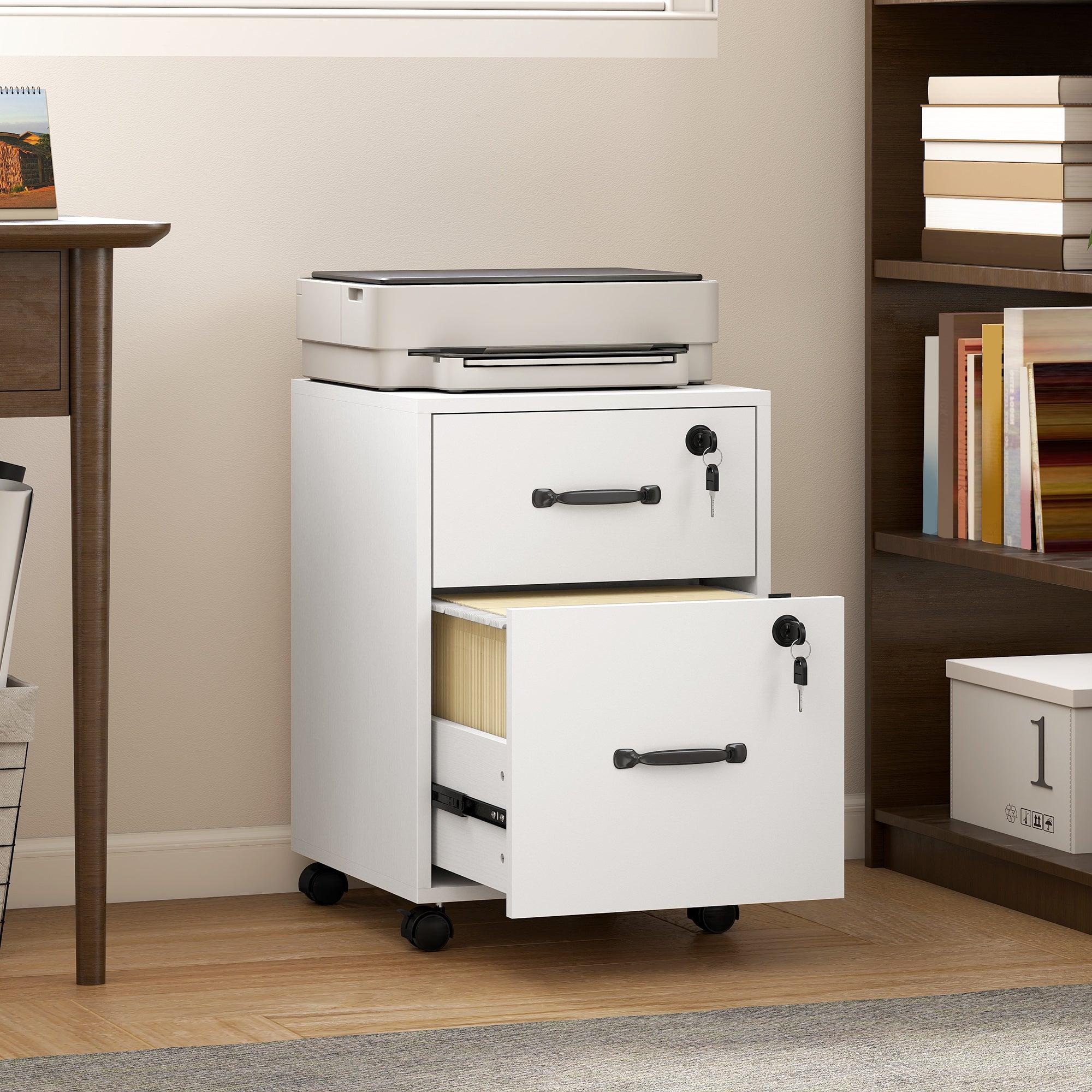 HOMCOM Rolling File Cabinet with 2 Drawers, Mobile Filing Cabinet with Hanging File Folder for Letter Sized Documents, White 
