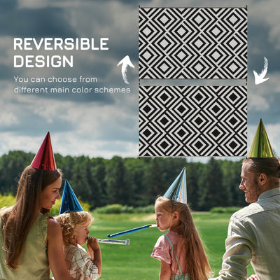 Outsunny Reversible Outdoor Rug, Plastic Straw Mat w/ Carry Bag Ground Stakes for Garden RV Picnic Beach Camping 182x274cm Black 