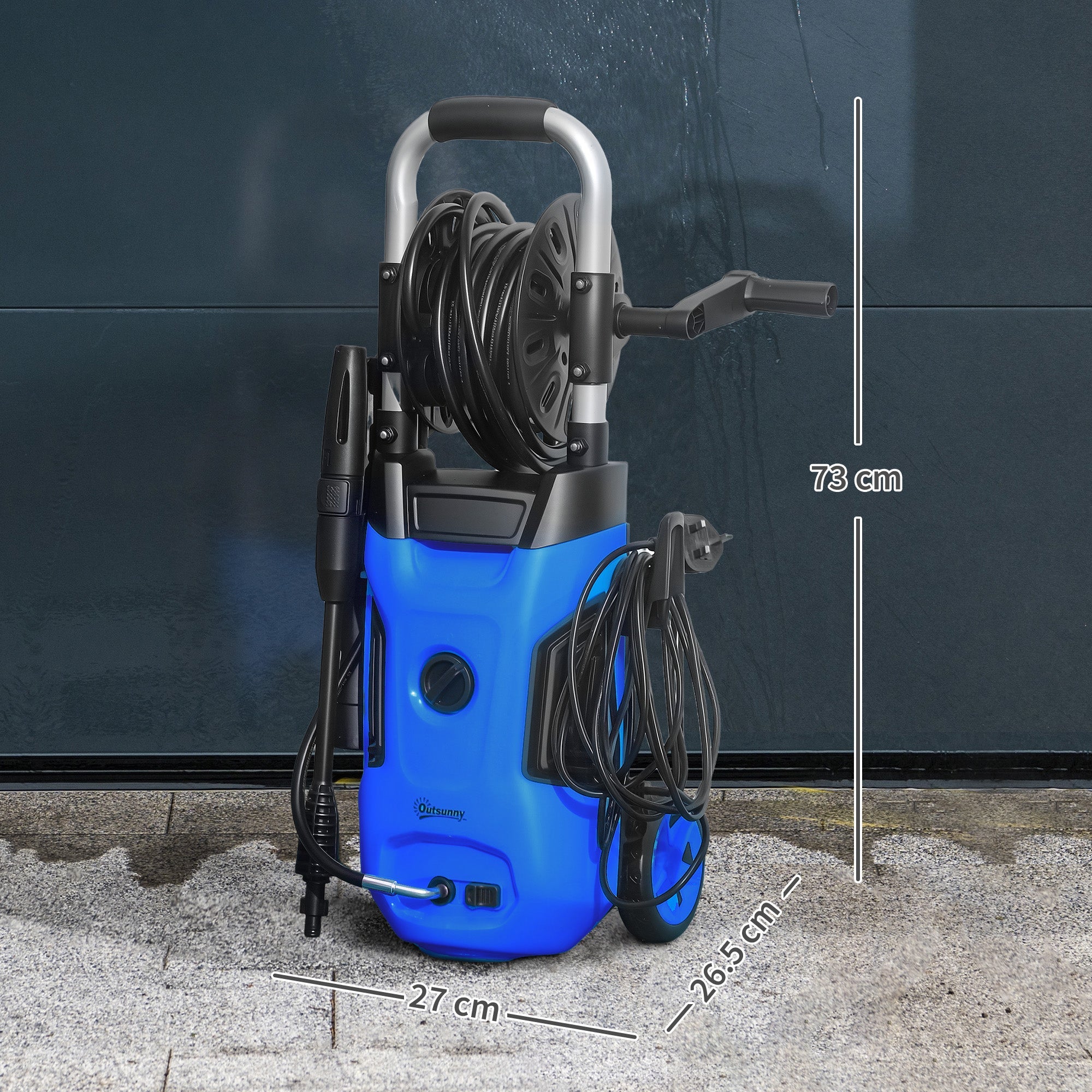 Outsunny 1800W High Pressure Washer, 150 Bar Pressure, 420 L/h Flow, Portable Power Washer Jet Wash Cleaner with Adjustable Nozzle, 6M Hose, Hose Reel, Steel Handle for Home Patio Car Driveway, Blue 