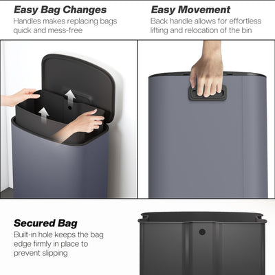 HOMCOM 50L Kitchen Bin with Soft-Close Lid and Stay-Open Function, Stainless Steel Pedal Bin with Removable Inner Bucket, Carry Handle for Kitchen, Office, Home, Grey 