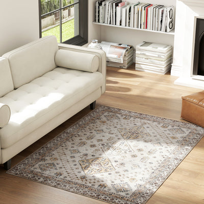 HOMCOM Vintage Area Rug, Non-Slip Washable Rug, Flannel Floor Carpet for Living Room, Bedroom, Dining Room, Home Office, 170 x 120 cm, Beige 