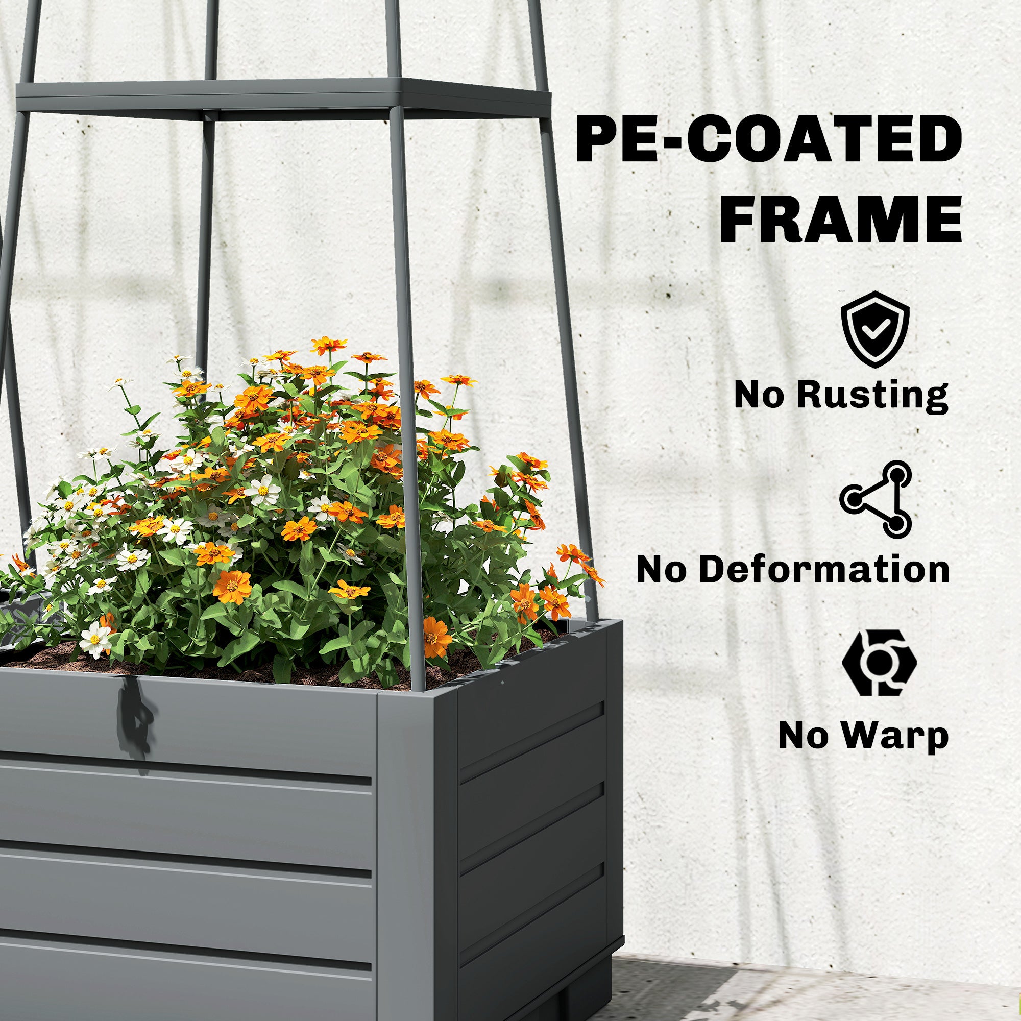Outsunny 2 Pack Raised Garden Bed with Trellis, Plastic Outdoor Planter Box with Removable Drainage Tray 