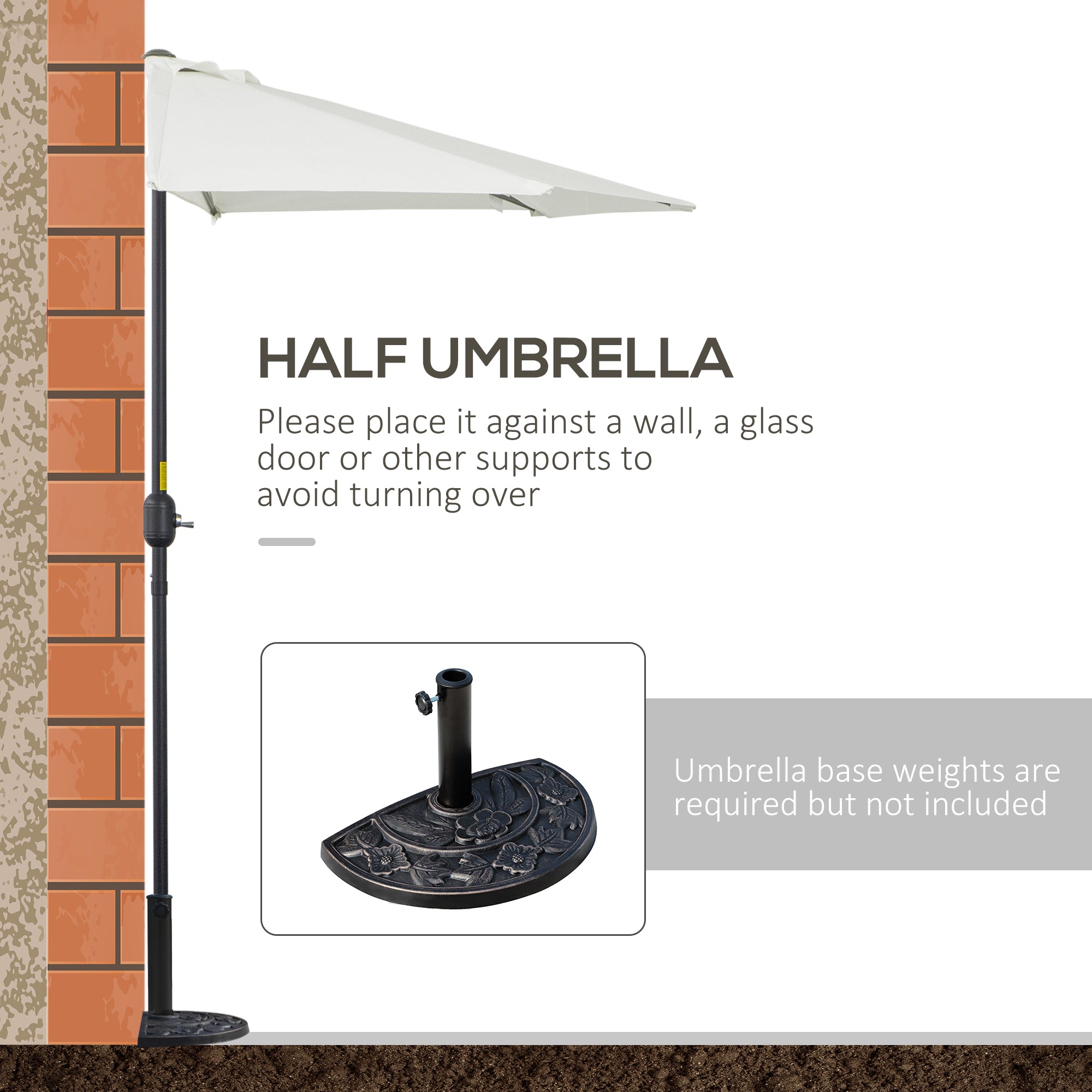 Outsunny 2.7m Garden Half Parasol, Outdoor Balcony Umbrella with 5 Steel Ribs, Patio Sun Shade, Cream White 