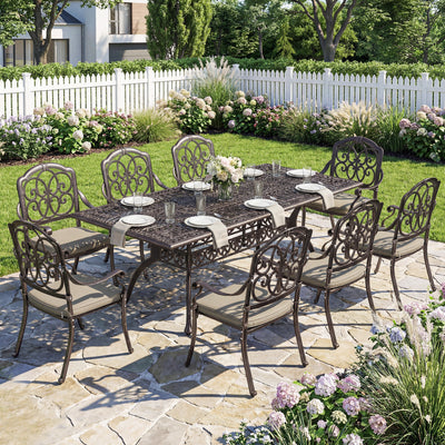 Outsunny 9 Piece Cast Aluminium Garden Dining Set, Garden Table and Chairs Set with Cushions, Parasol Hole for Patio, Bronze Tone 
