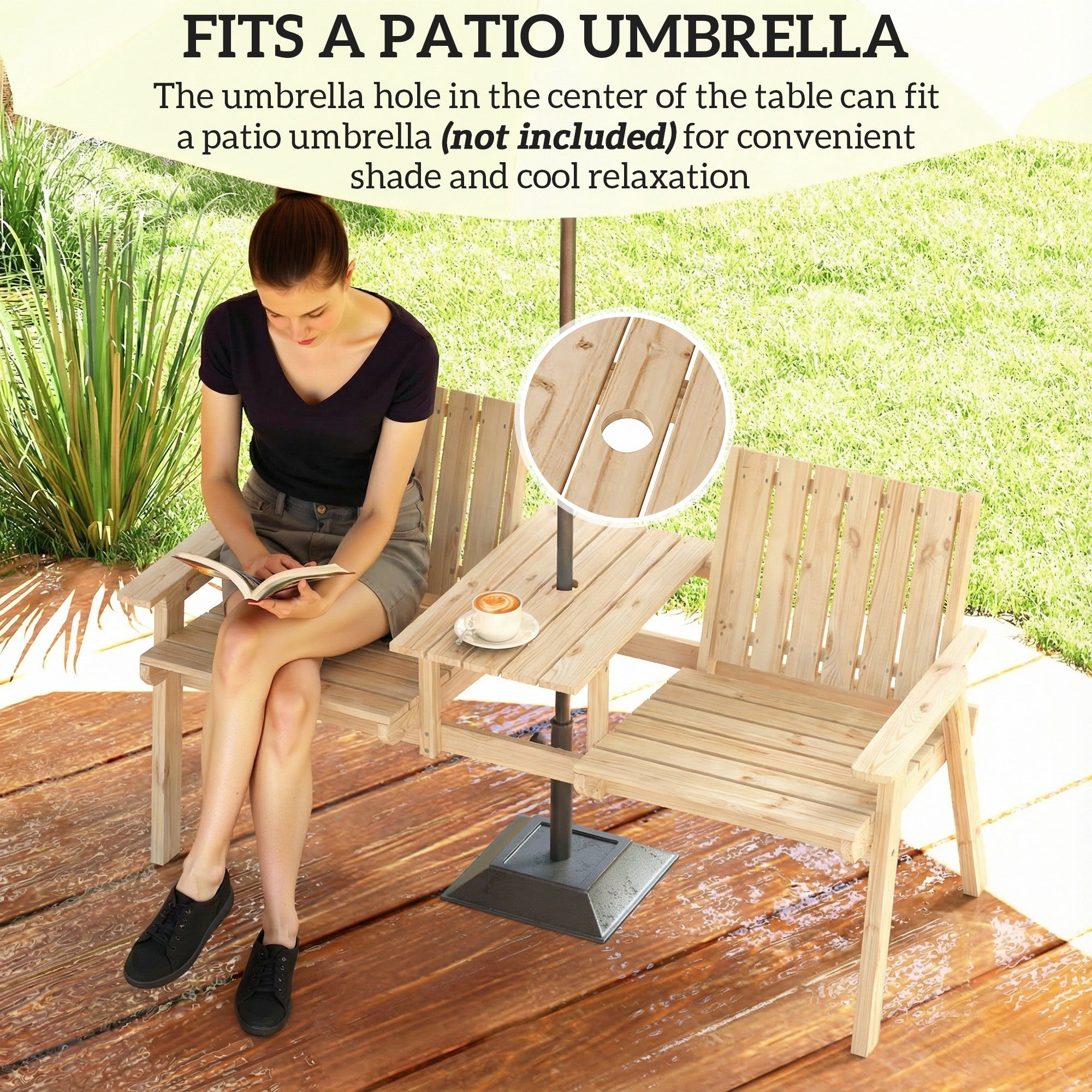 Outsunny 2-Seater Garden Loveseat with Table and Parasol Hole for Porch, Patio, Natural Wood Finish 