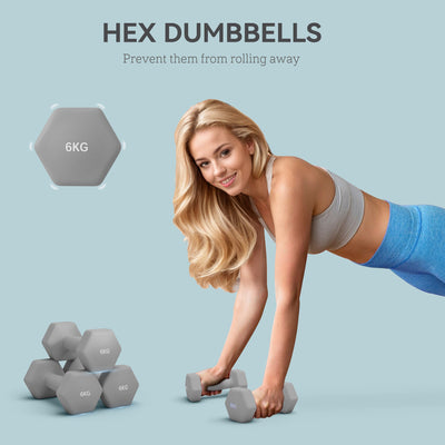 SPORTNOW 2 x 6kg Hexagonal Dumbbells Weights Set with Non-Slip Grip for Home Gym Workout, Grey 