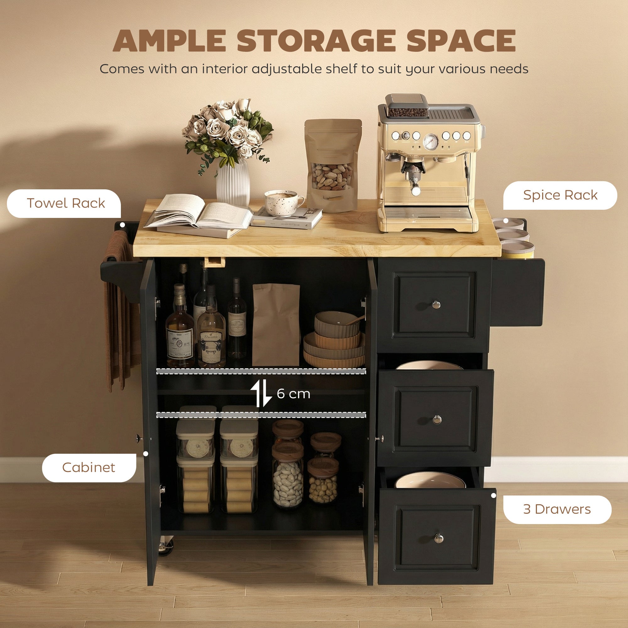 HOMCOM Kitchen Island on Wheels, Rolling Kitchen Storage Trolley with Drop Leaf, Drawers, Towel and Spice Rack, Black 
