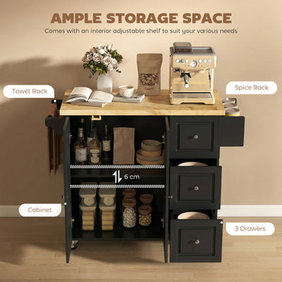 HOMCOM Kitchen Island on Wheels, Rolling Kitchen Storage Trolley with Drop Leaf, Drawers, Towel and Spice Rack, Black 