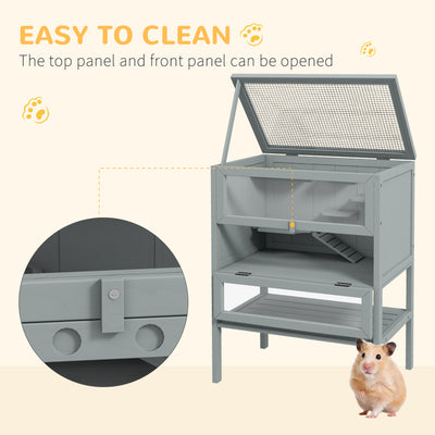 PawHut Wooden Hamster Cage 3 Tier House w/ Storage Shelf, Openable Top for Gerbils, Grey 