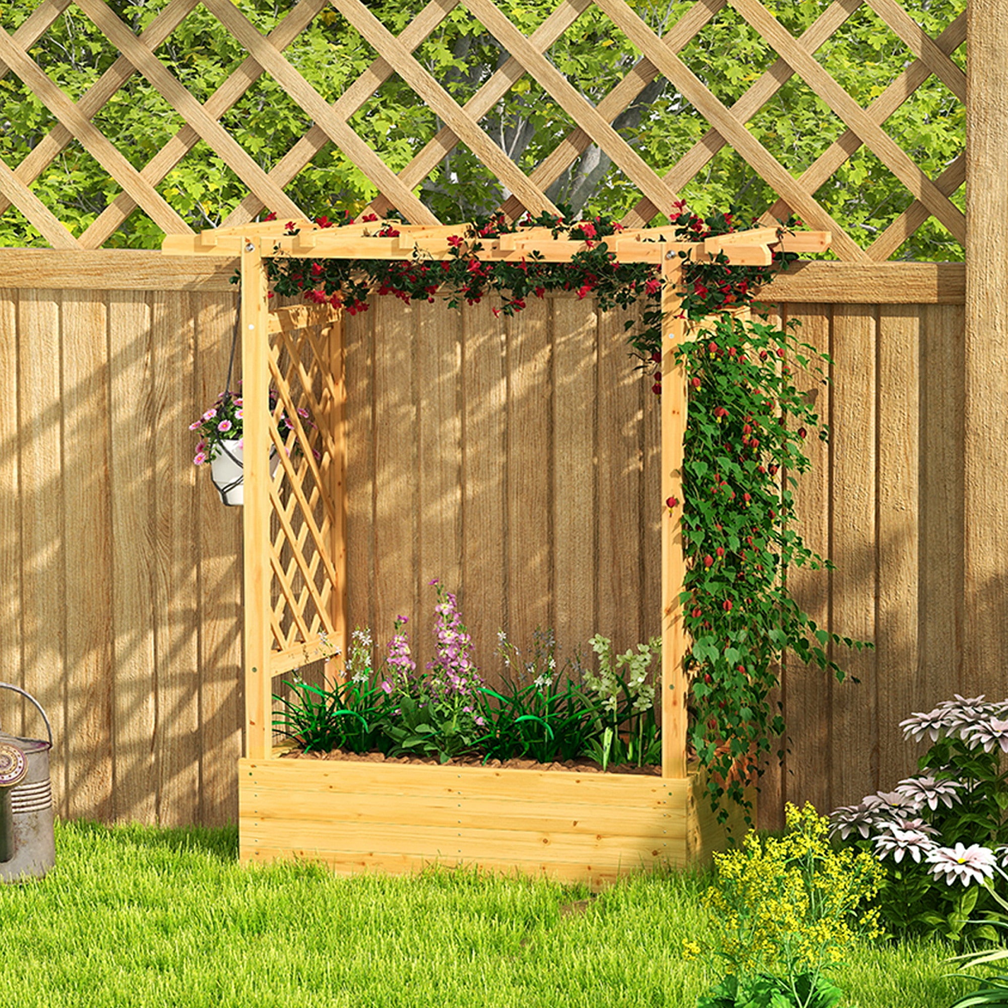Outsunny Garden Planter with Trellis, Wooden Raised Bed for Garden with Hanging Roof and Drainage Holes, Outdoor Trellis Planter Box for Vegetables, Herbs and Flowers, 110 x 44 x 113 cm, Natural 