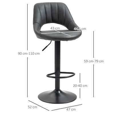 HOMCOM Bar Stools Set of 2, Swivel Counter Height Barstools with Back, Adjustable PU Leather Bar Chairs, Modern Armless Kitchen Island Stool, Dark Grey 