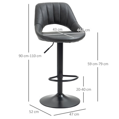 HOMCOM Bar Stools Set of 2, Swivel Counter Height Barstools with Back, Adjustable PU Leather Bar Chairs, Modern Armless Kitchen Island Stool, Dark Grey