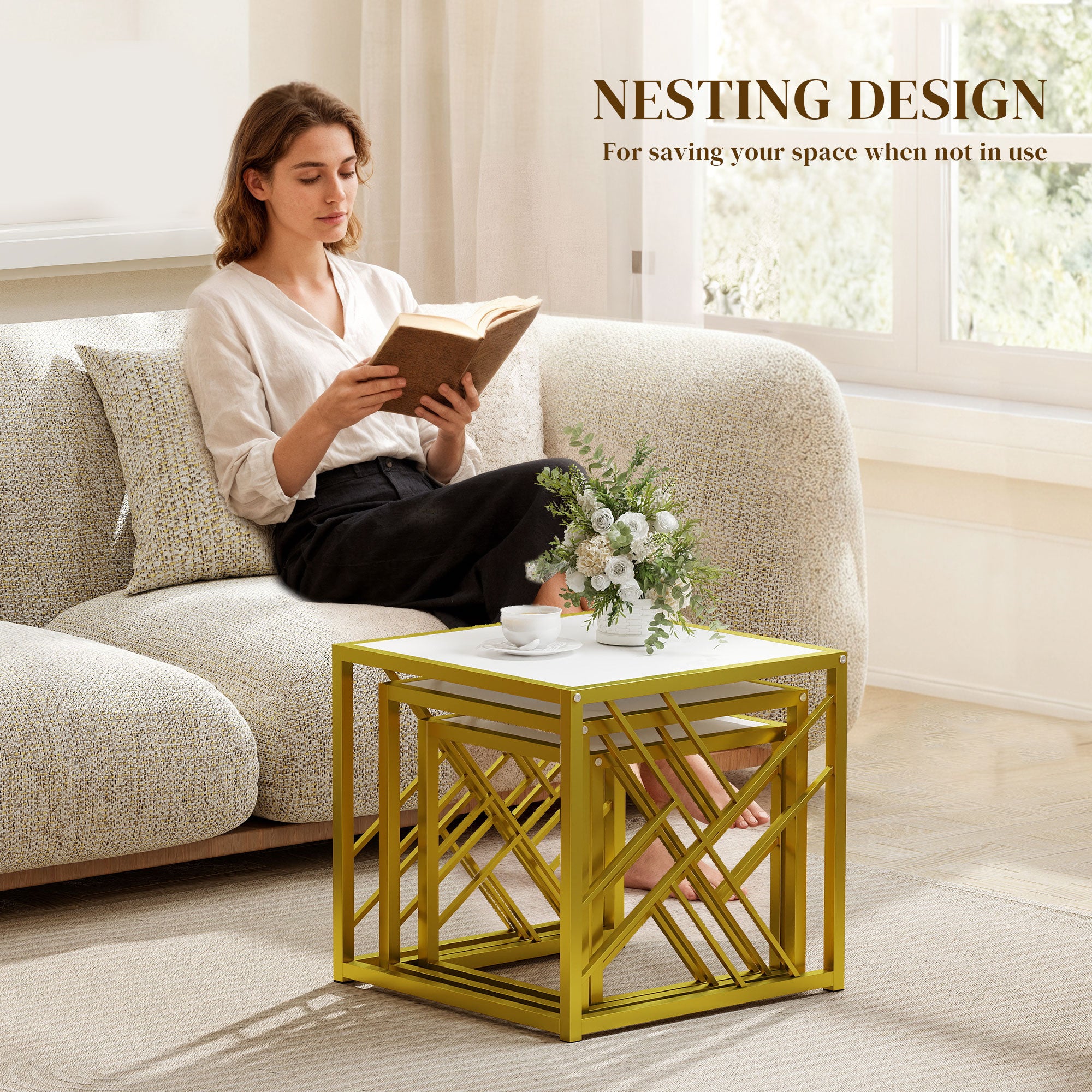 HOMCOM Nesting Coffee Tables, Set of 3 Square Side Tables with Black Metal Frame, for Living Room, Bedroom and Office, White 