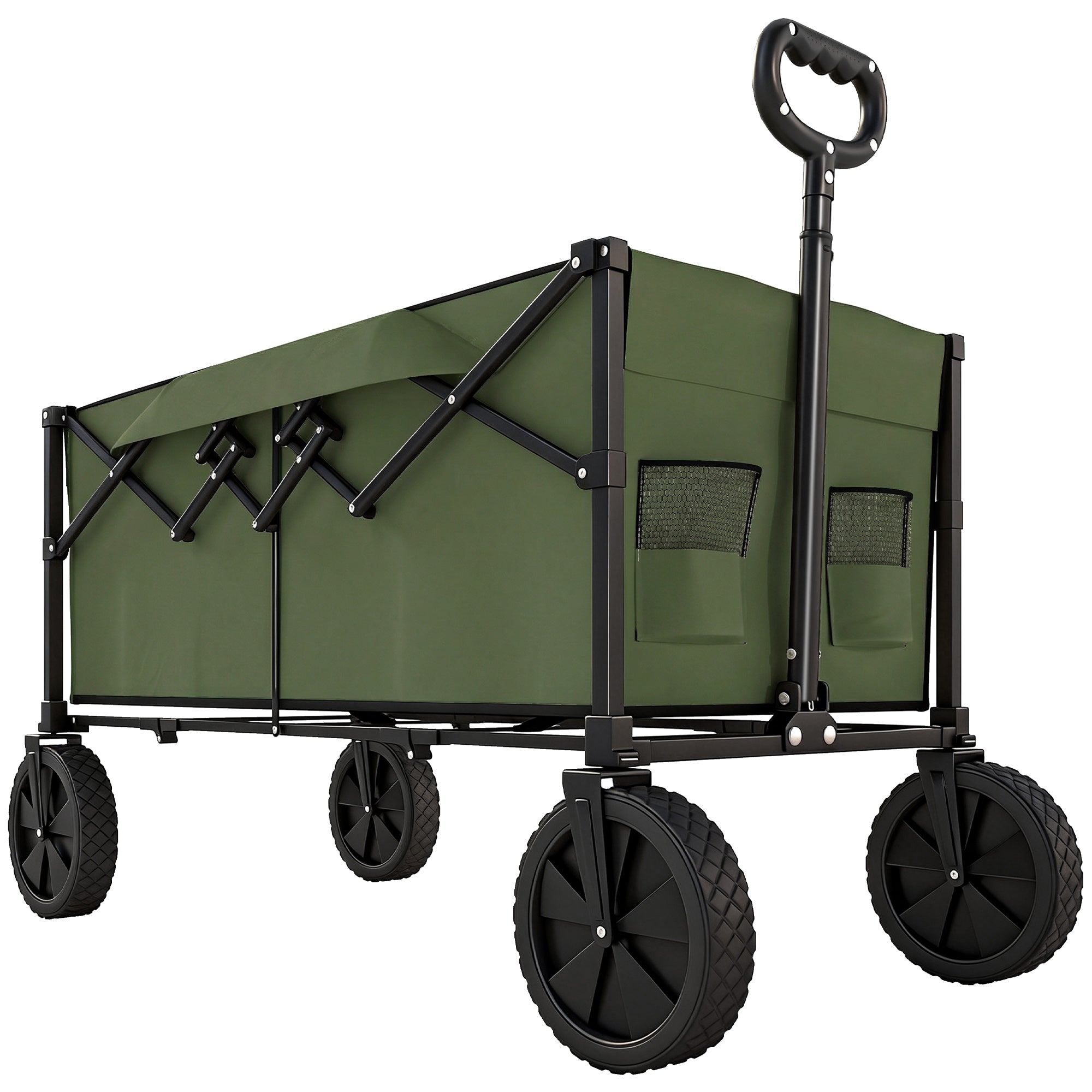 Outsunny 95L Foldable Festival Trolley on Wheels, Collapsible Wagon Cart with Adjustable Handle and 2 Cup Holders, Dark Green 