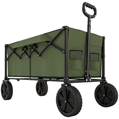 Outsunny 95L Foldable Festival Trolley on Wheels, Collapsible Wagon Cart with Adjustable Handle and 2 Cup Holders, Dark Green 