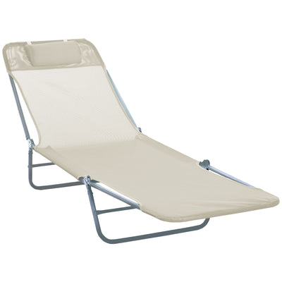 Outsunny Outdoor Foldable Sun Lounger, Adjustable Backrest Garden Recliner Sun Lounger Chair with Headrest Pillow, Beige 