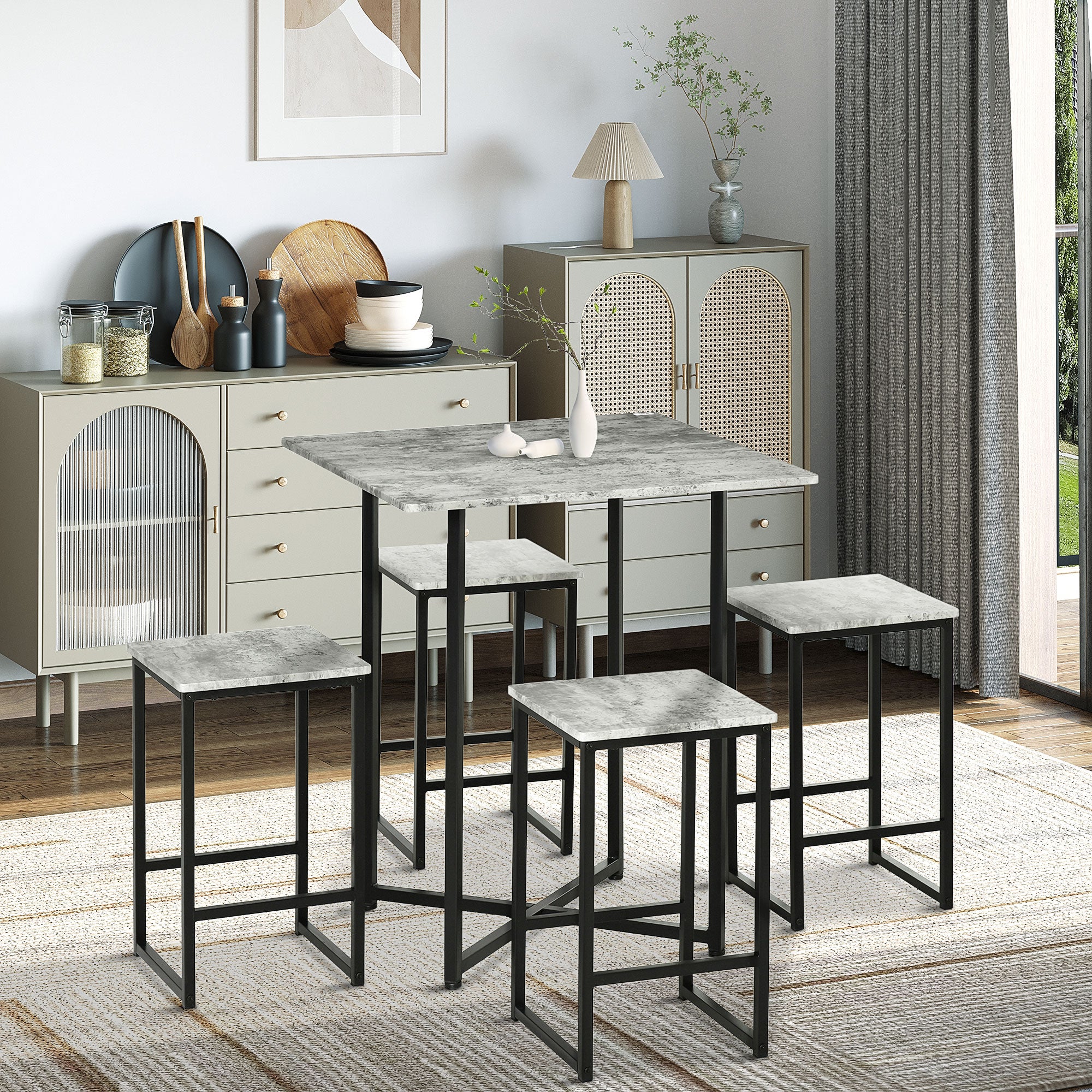 HOMCOM 5pc Bar Table Set, Square Dining Table Set for 4 People, Home Kitchen Breakfast Bar Set with Steel Frame and Footrest, Concrete Grey 