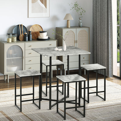 HOMCOM 5pc Bar Table Set, Square Dining Table Set for 4 People, Home Kitchen Breakfast Bar Set with Steel Frame and Footrest, Concrete Grey 