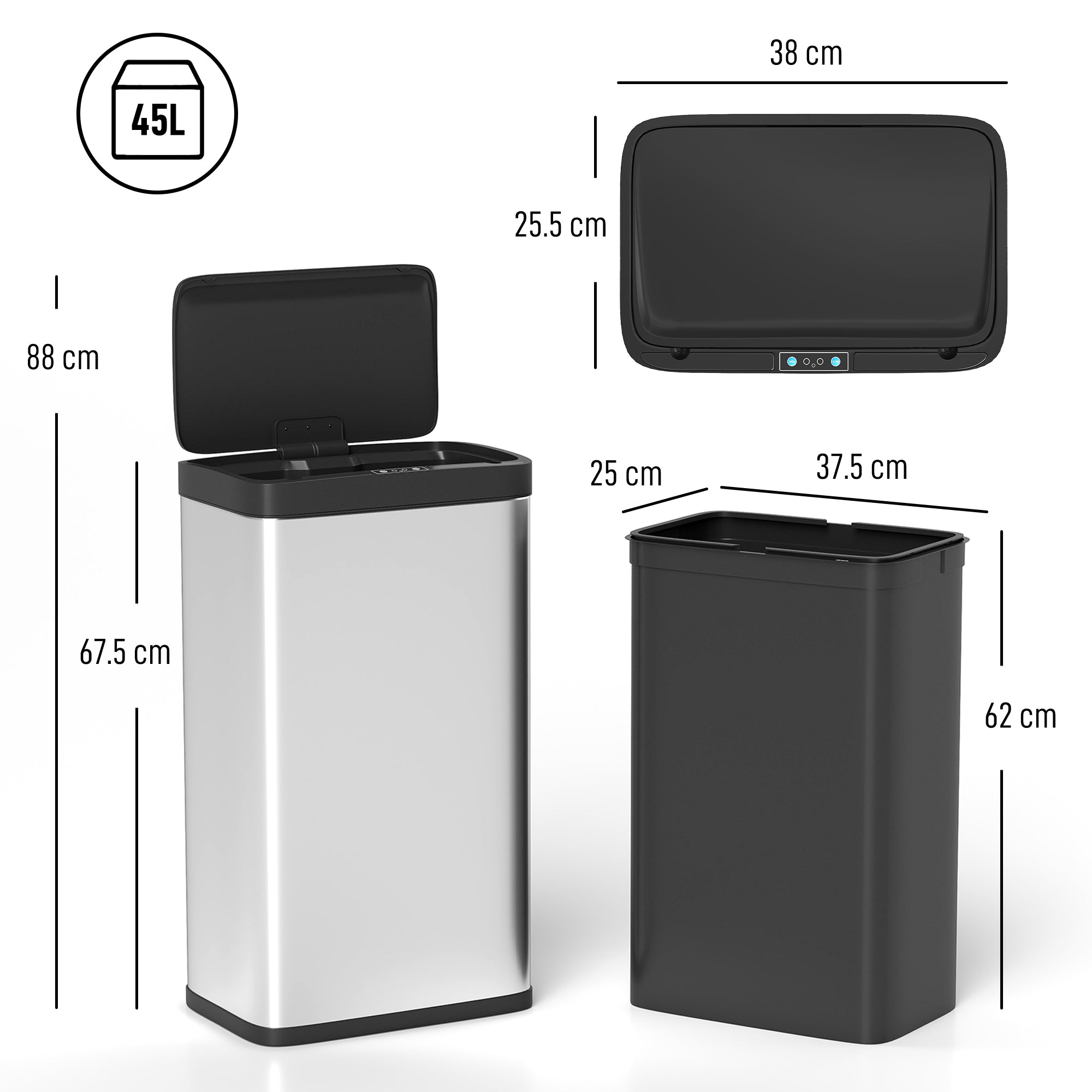 HOMCOM 45L Stainless Steel Sensor Bin - Silver Tone 