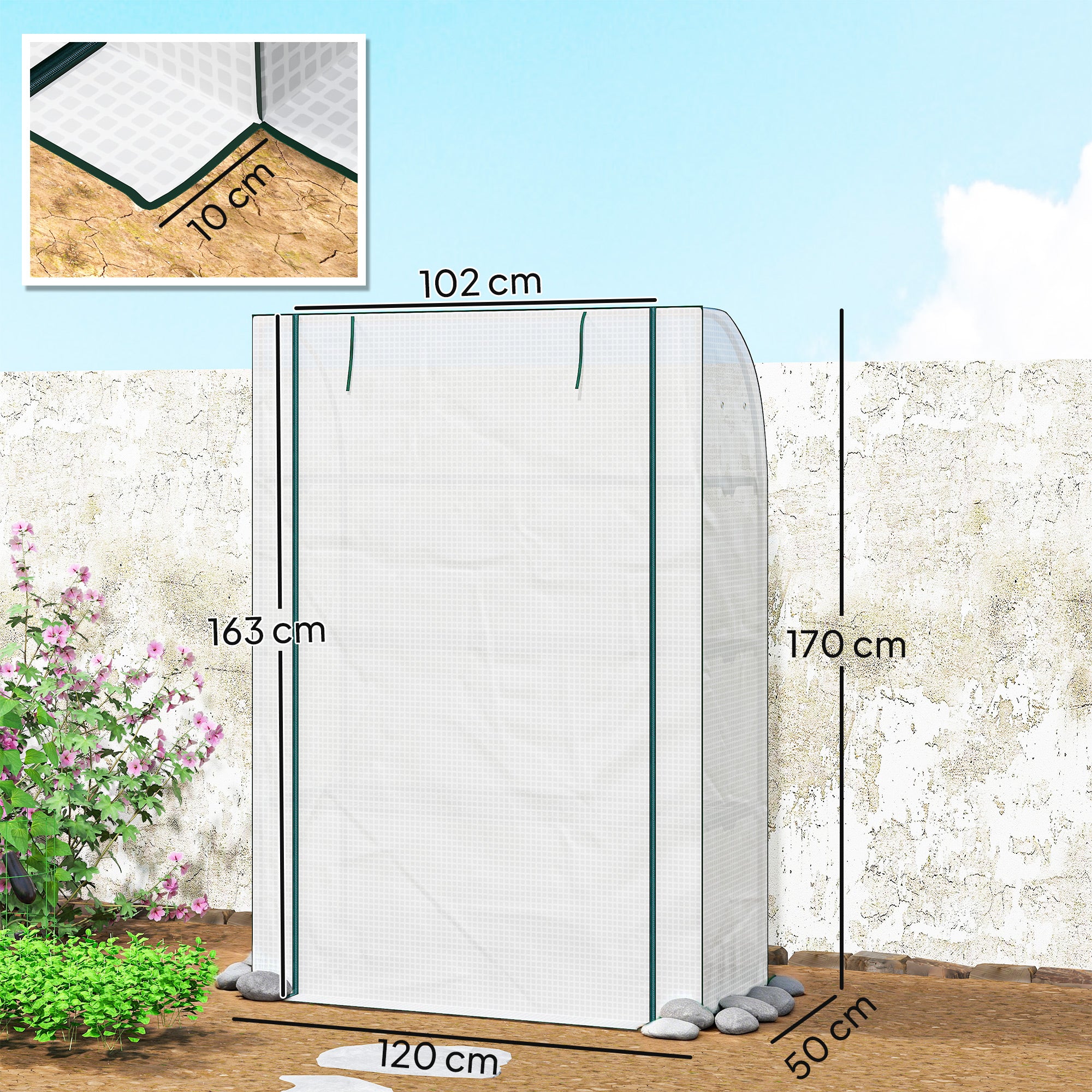 Outsunny Mini Greenhouse with Reinforced PE Cover, Portable Indoor Outdoor Green House with Roll-up Door, 170 x 120 x 50cm, White 
