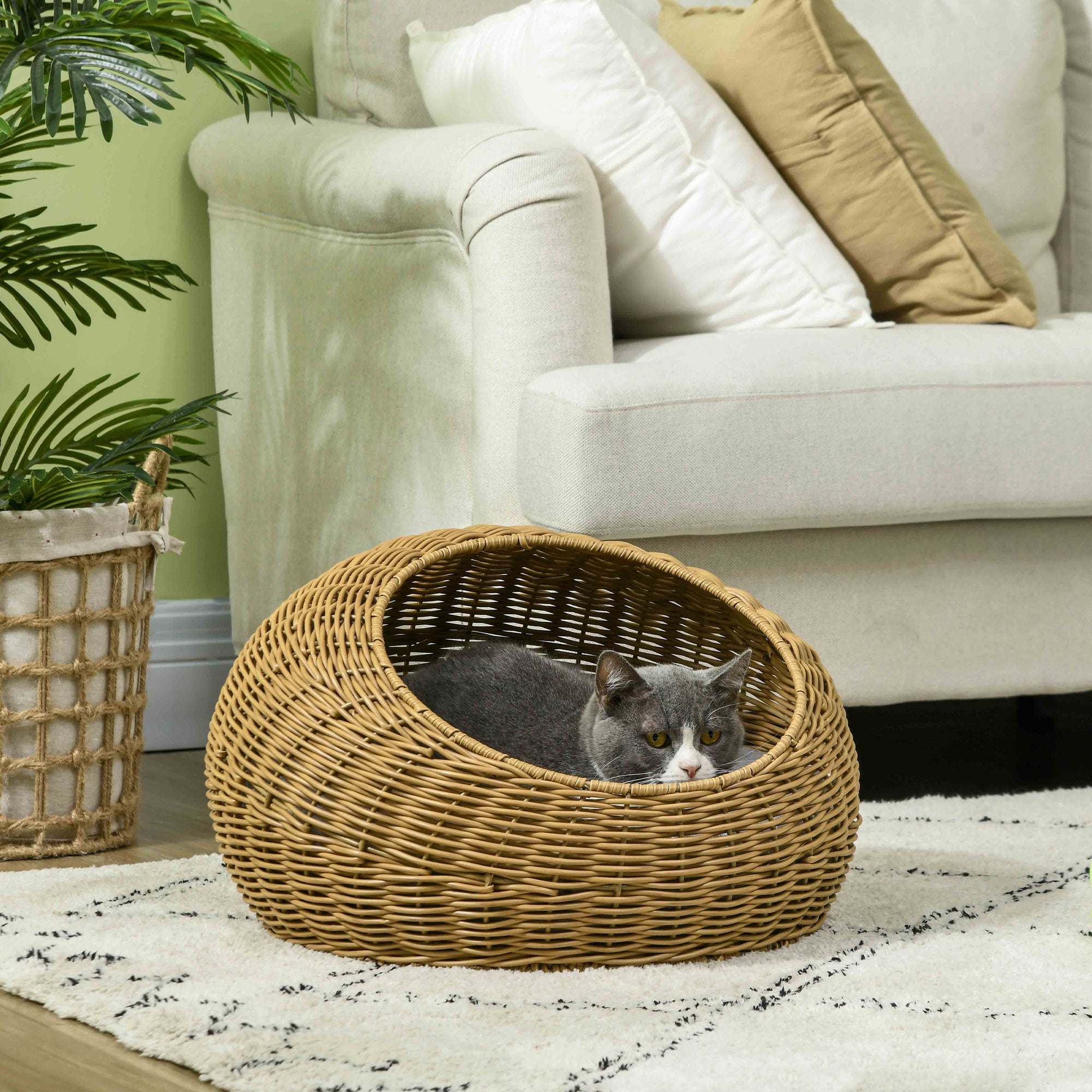 PawHut Wicker Cat House with Washable Cushion for Indoor Cats, Light Brown 