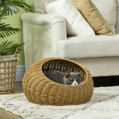 PawHut Wicker Cat House with Washable Cushion for Indoor Cats, Light Brown 