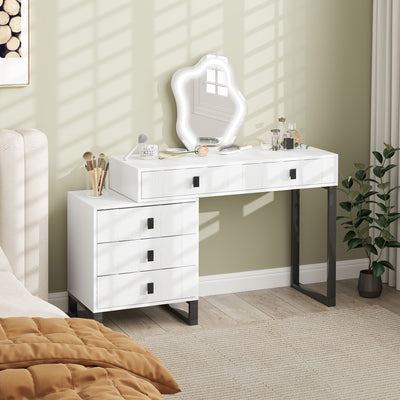 HOMCOM LED Lighted Dressing Table with Leaf Shape Mirror, Modern Vanity Desk with 5 Drawers, Makeup Desk with Fluted Panels, White 