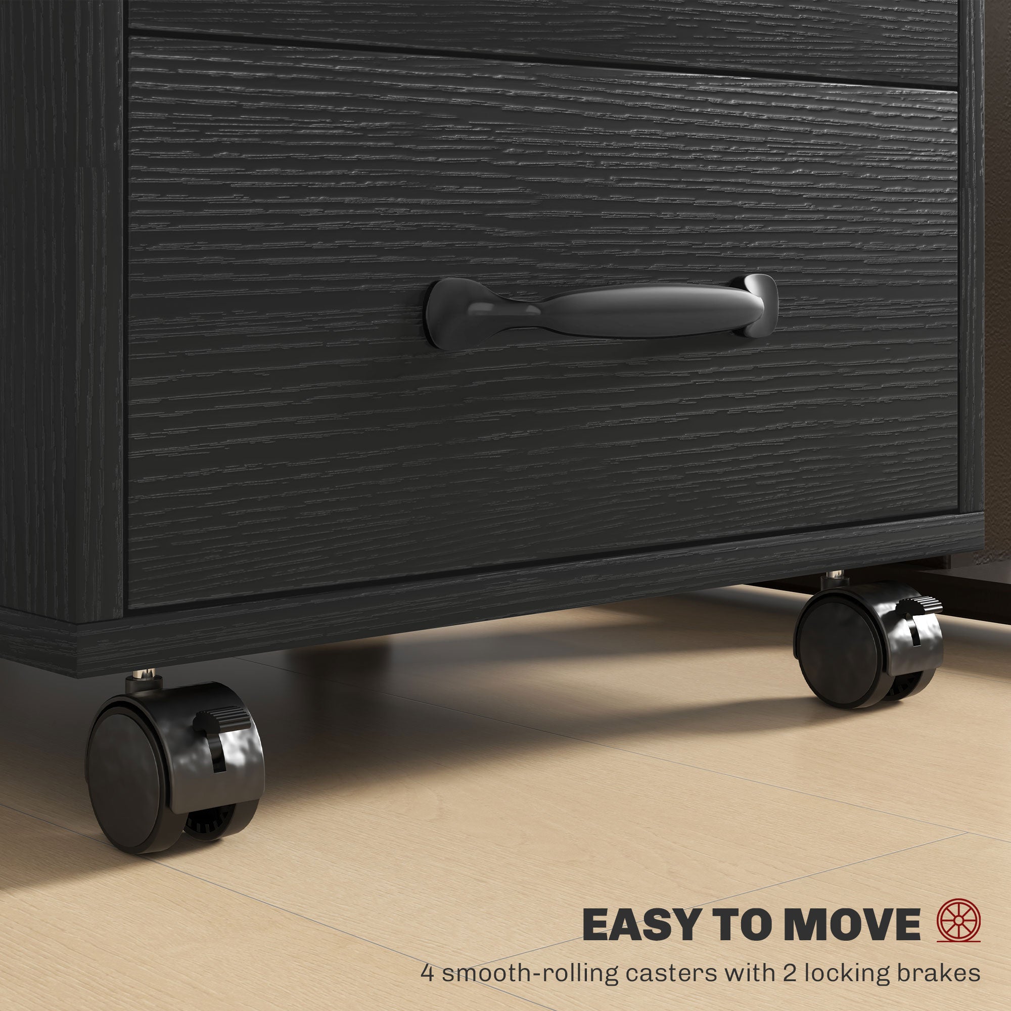 HOMCOM 3 Drawer File Cabinet, Mobile Filing Cabinet on Wheels for Home Office, Study, Black 