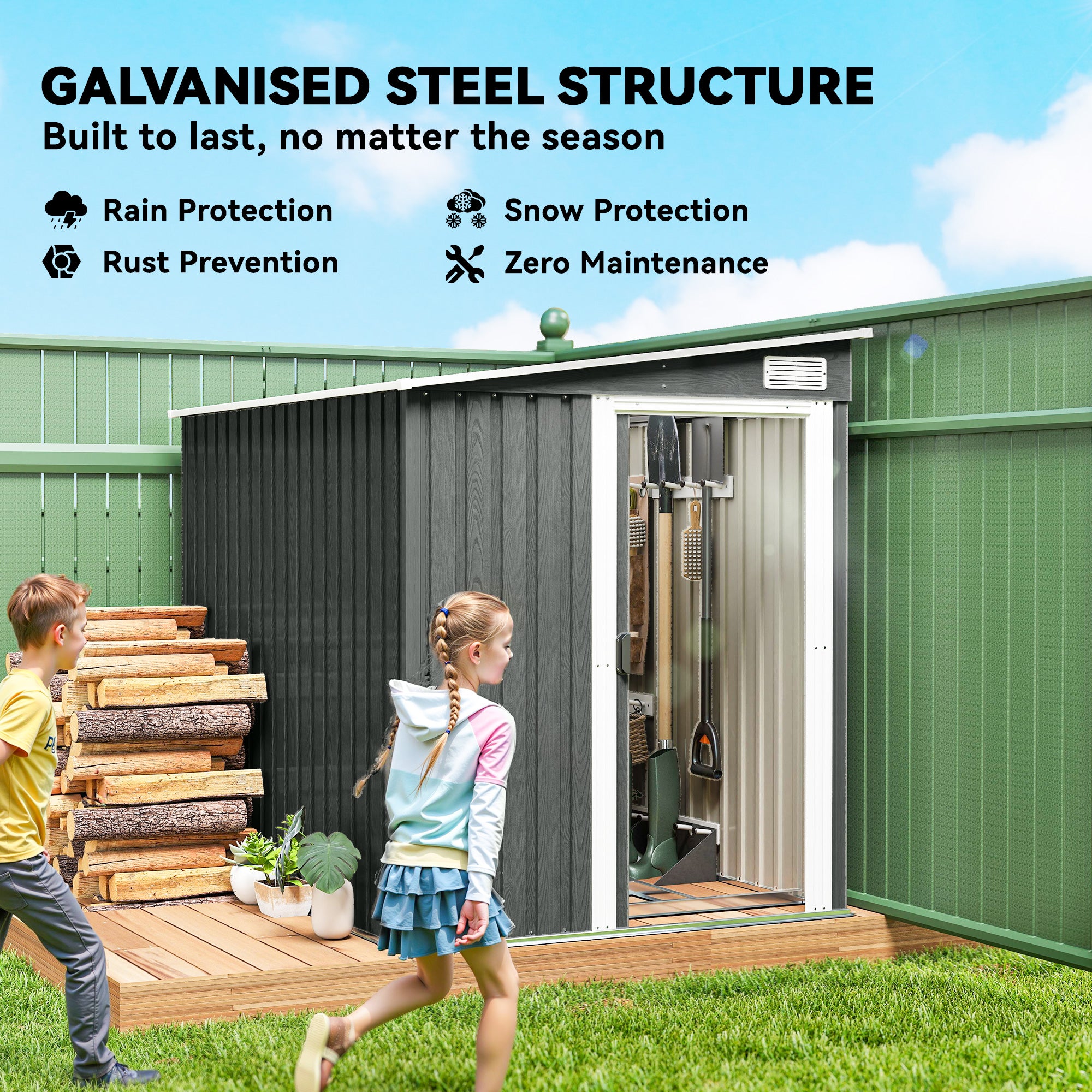 Outsunny 7 x 5ft Galvanised Metal Shed, with Sliding Door - Light Grey 