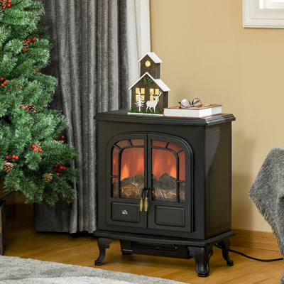HOMCOM Electric Fireplace Stove Heater with LED Fire Flame Effect, Double Door, Freestanding & Portable with Overheat Protection, 1000W/2000W, Black 