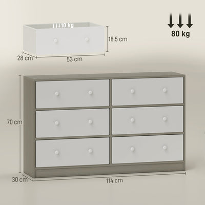 HOMCOM Chest of Drawers, Dresser with 6 Fabric Drawers - White and Grey 