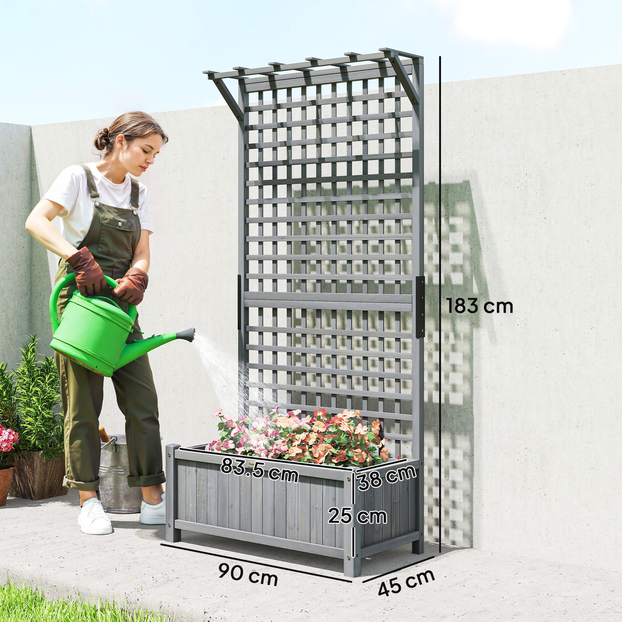 Outsunny Raised Bed with Drainage Holes, Wood Planter with Trellis for Climbing Plants, Dark Grey 