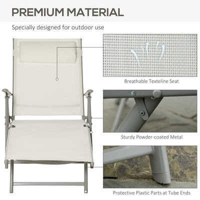 Outsunny Sun Lounger Steel Frame Outdoor Folding Chaise Texteline Lounge Chair Recliner with Headrest & 7 Levels Adjustable Backrest, Cream White 
