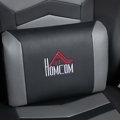 HOMCOM Massage Recliner Chair with Remote, PU Leather Recliner Armchair with Cup Holders and Side Pockets, Racing Style Reclining Chair with Headrest, 360° Swivel, Lumbar Support, Grey