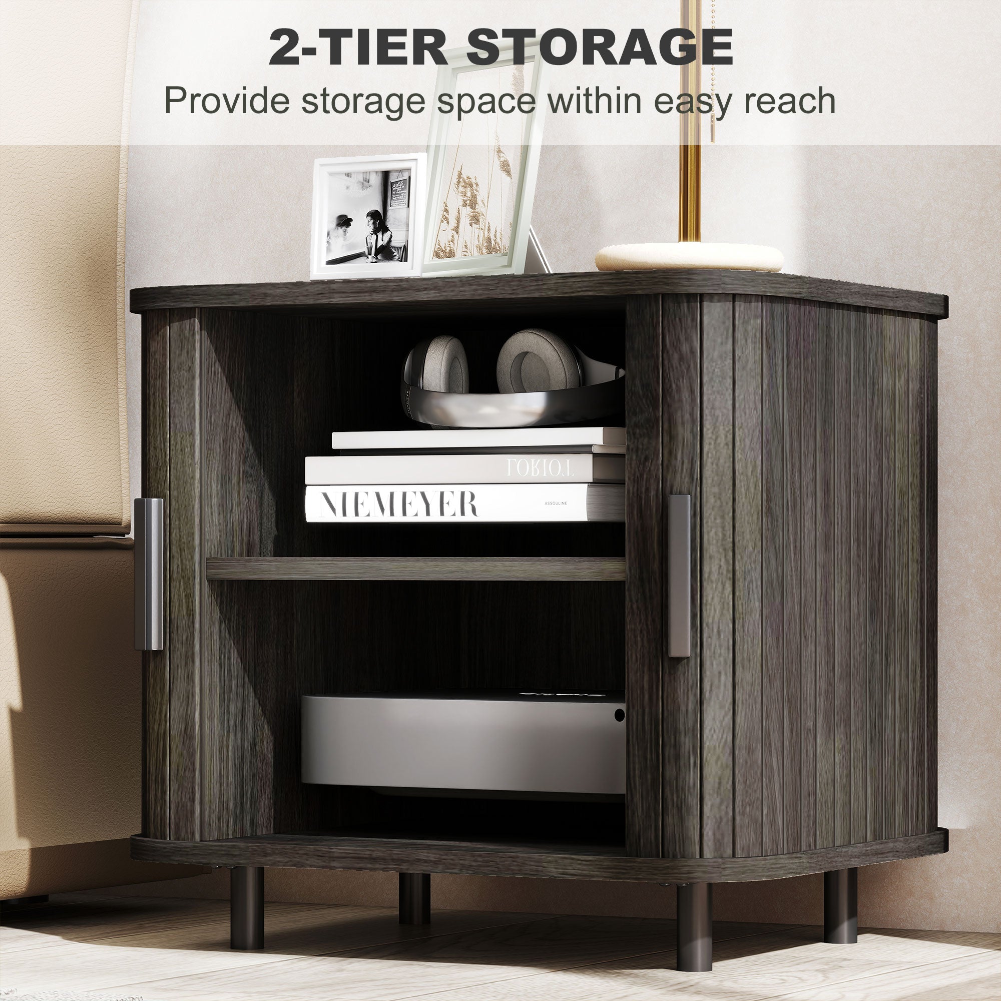 HOMCOM Bedside Table, Nordic Side Table with Roller Shutter Style Sliding Doors and Metal Legs for Bedroom, Living Room, Grey