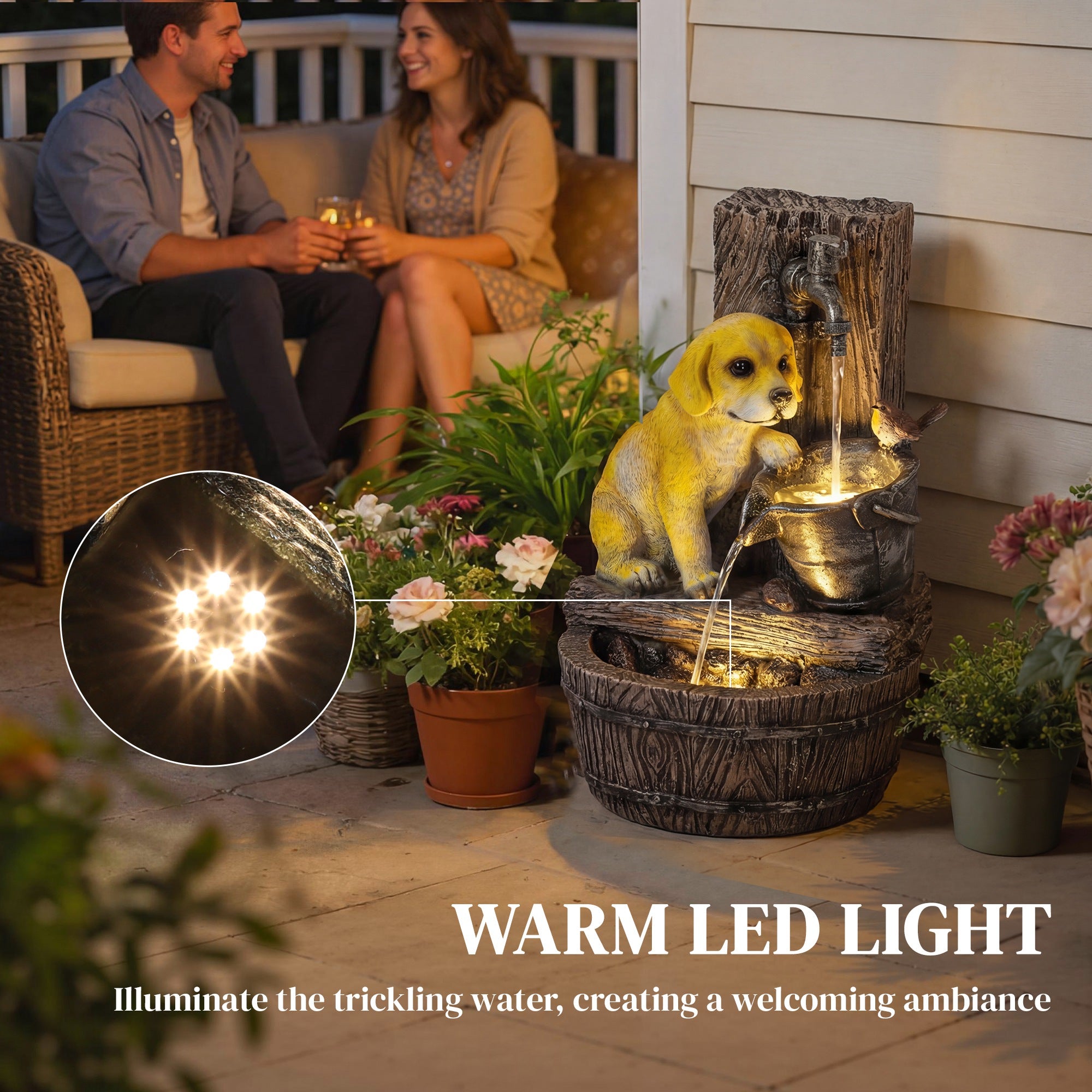 Outsunny Garden Water Feature with 3-Tier Rustic Puppy Design, Freestanding Resin with LED Lights, Adjustable Flow, Rustic Brown 