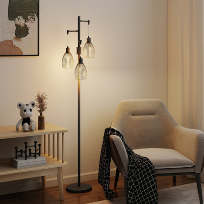 HOMCOM 3-Light LED Floor Lamp, 170cm Industrial Dimmable Standing Lamp with Steel Wire Cage Lampshades, 2700K for Living Room, Bedroom, Dining Room, Study, Black