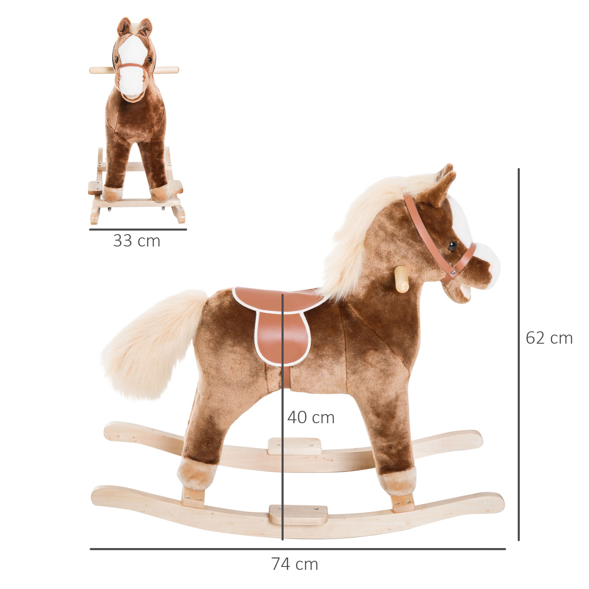 HOMCOM Kids Children Plush Rocking Horse Wooden Base Ride On Toy Rocker with Handle Grip Traditional Toy Fun Gift for Age 3+ (Brown) 