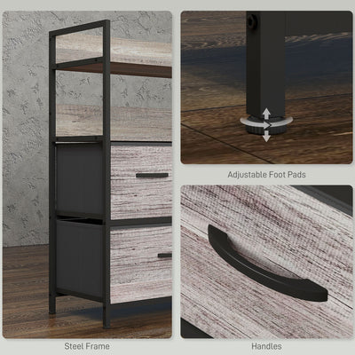 HOMCOM Rustic Chest of Five Fabric Drawers - Grey Wood Effect 